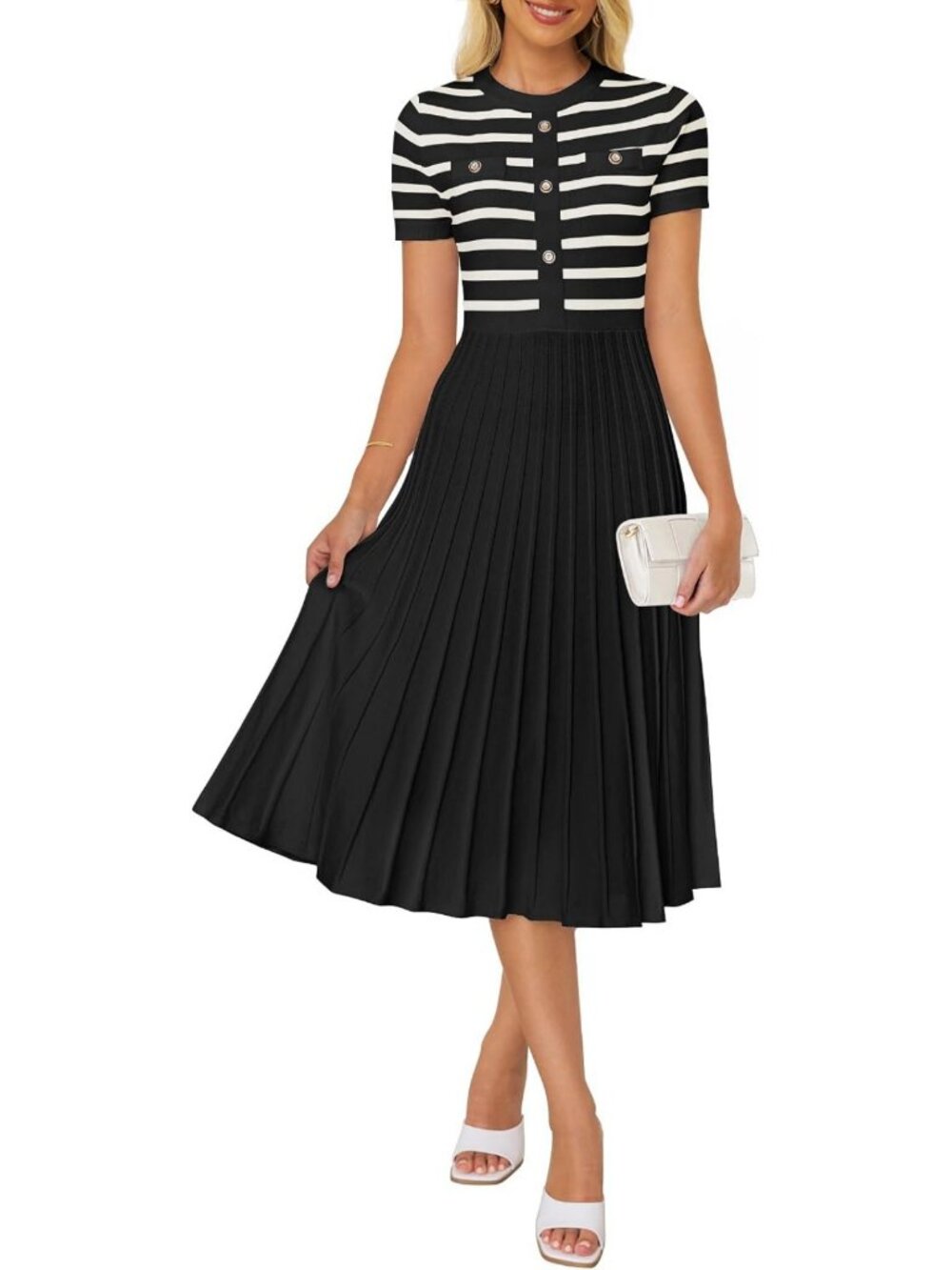 Elegant Striped Midi Dress for Women | Short Sleeve Crewneck Style, Perfect for